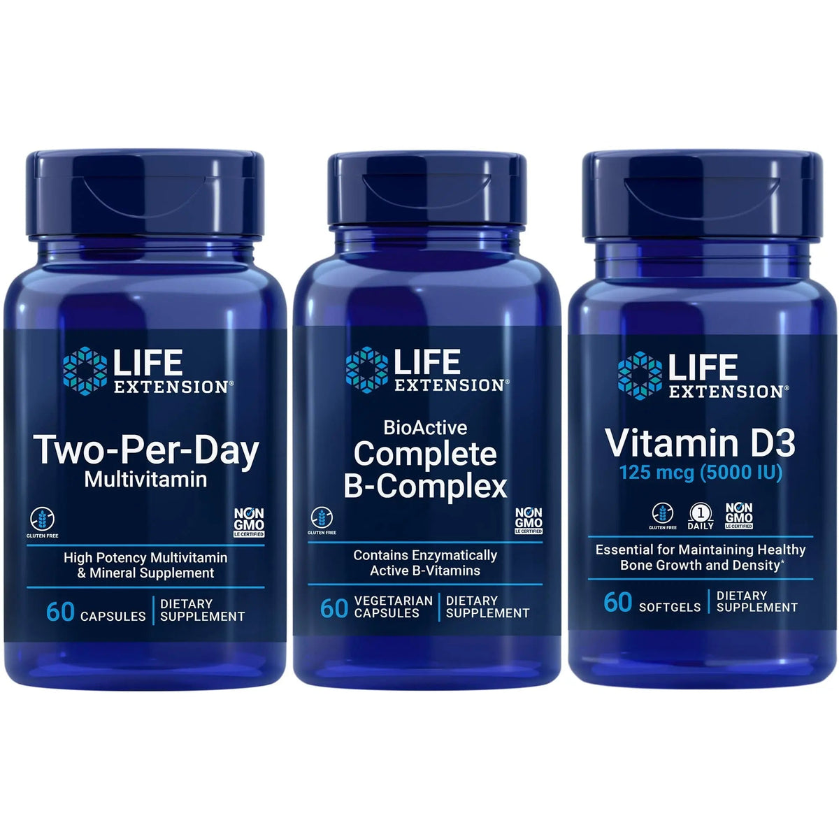 Life Extension Two-Per-Day Multivitamin, 60 capsules | BioActive Complete B-Complex, 60 capsules | Vitamin D3 125 mcg (5000 IU), 60 softgels | Bone & immune health, energy and metabolism support Life ExtensionBuy Supplements Australia