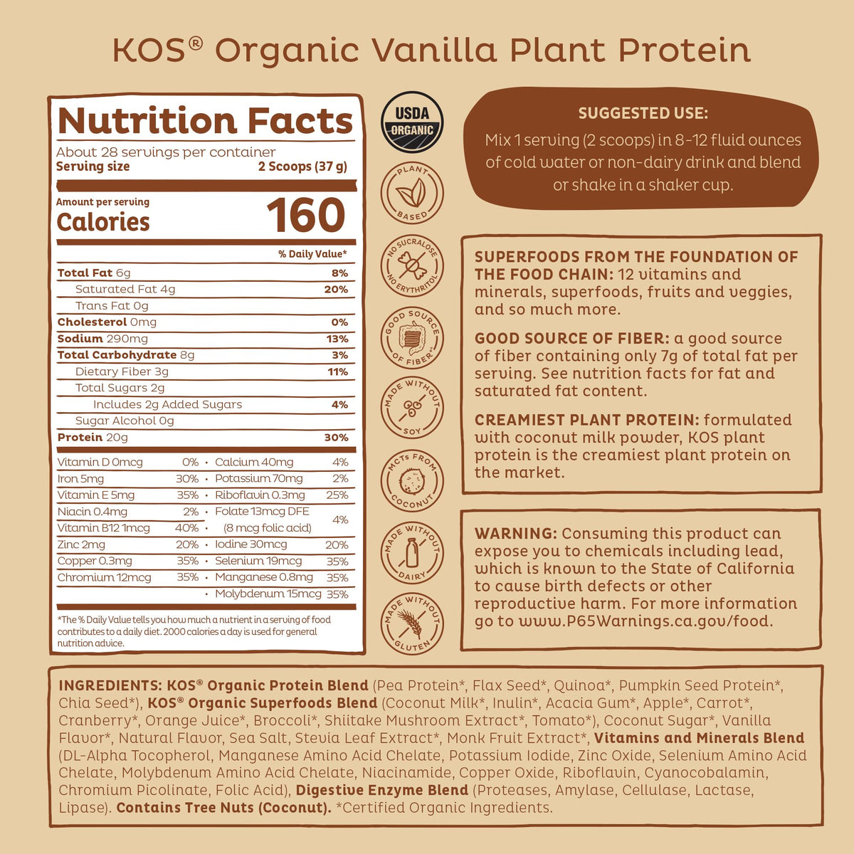 Buy supplements KOS Vegan Protein Powder Erythritol Free, Vanilla USDA Organic - Pea Protein Blend, Plant Based Superfood Rich in Vitamins & Minerals - Keto, Dairy Free - Meal Replacement for Women & Men, 28 Servings - Vitaza UK Supplements UK