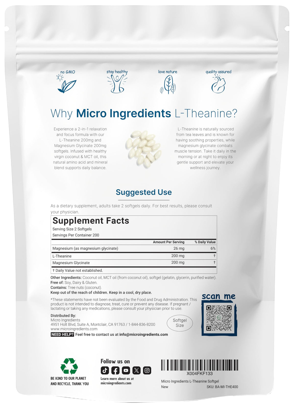 Buy supplements L-Theanine 200mg with Magnesium Glycinate, 400 Coconut MCT Oil Softgels | 2-in-1 Amino Acid & Mineral Complex | Gentle Care All Day & Night - Vitaza UK Supplements UK