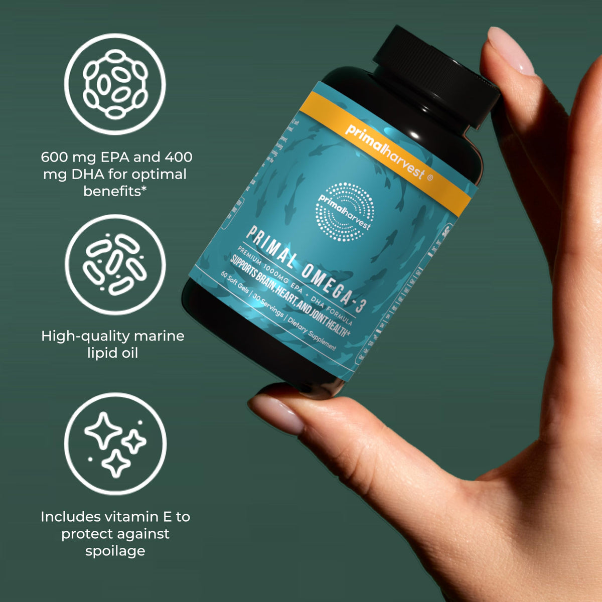 Buy supplements Primal Harvest Omega 3 Fish Oil Supplements, 30 Servings Soft Gels Capsules w/ 1000mg EPA + DHA Supplements - Vitaza UK Supplements UK