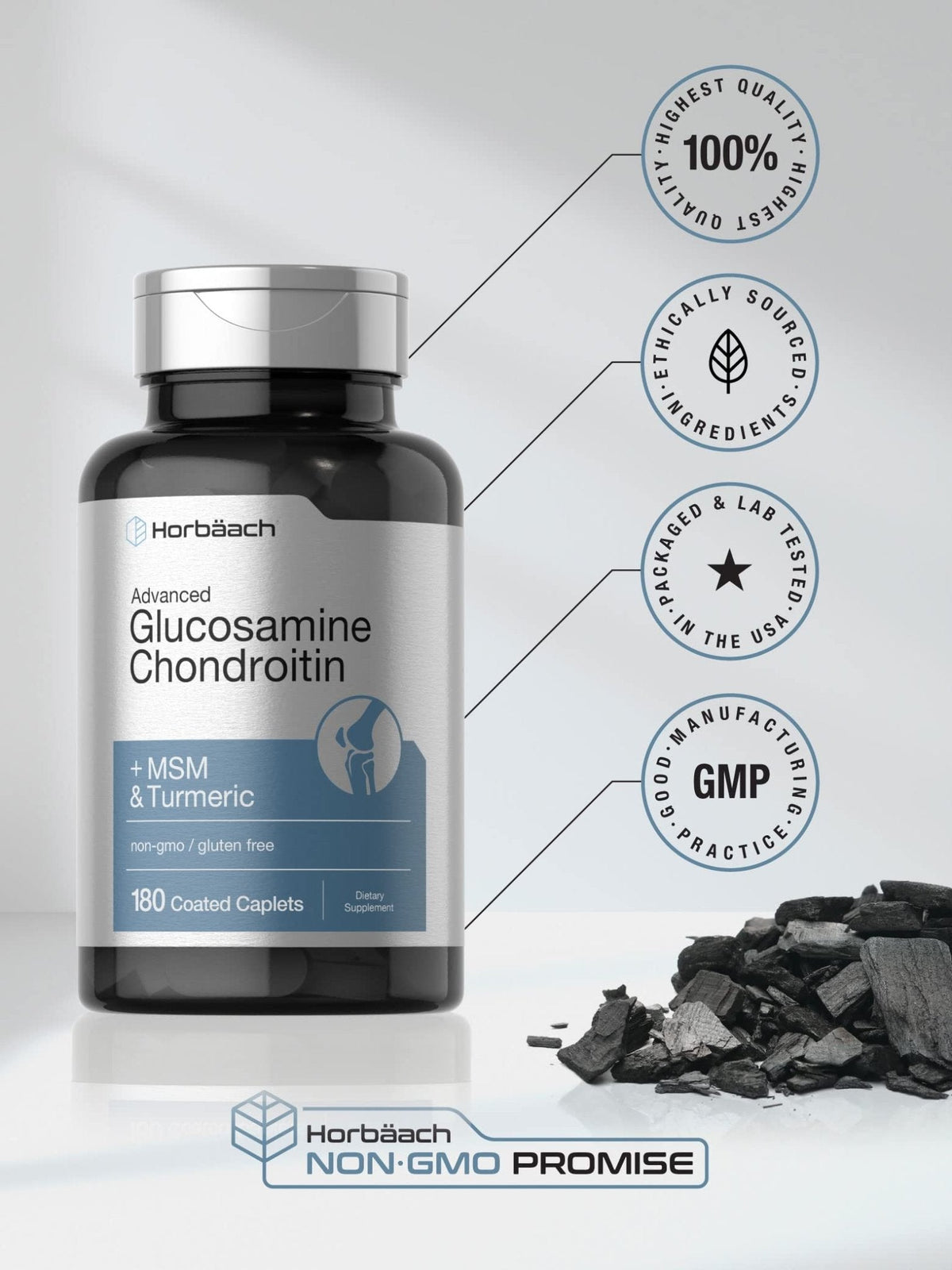 Horbäach Glucosamine Chondroitin | Plus MSM & Turmeric | 180 Coated Caplets | Non-GMO, Gluten Free Supplement - Maple Wellness Supplements