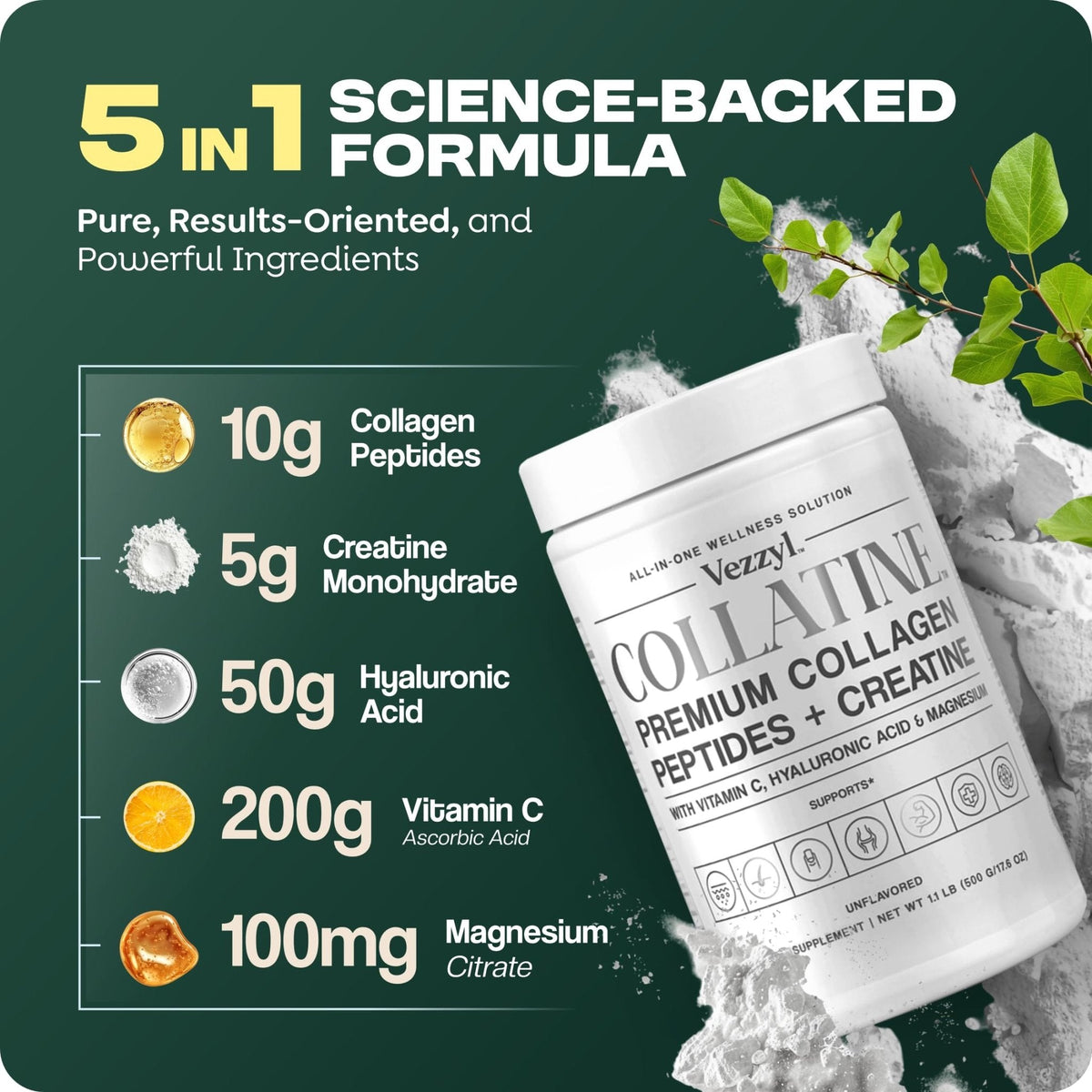 Vezzyl - Collatine - Premium Collagen Peptides + Creatine with Vitamin C, Hyaluronic Acid and Magnesium for Skin, Hair, Nails, Bone & Joint, Muscle, Immune and Cognitive Aid (.55 LB (250 G/8.8 OZ) - Maple Wellness Supplements