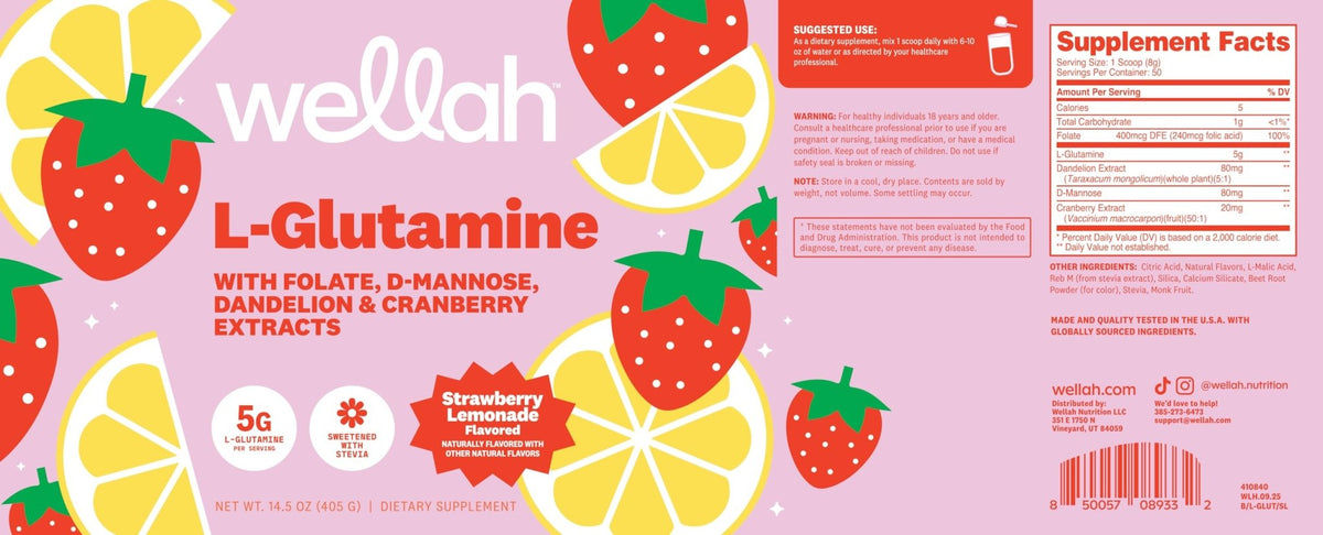 Wellah L-Glutamine Strawberry Lemonade Flavored (50 Servings) - 5g L-Glutamine Per Serving, Sweetened with Stevia - Maple Wellness Supplements
