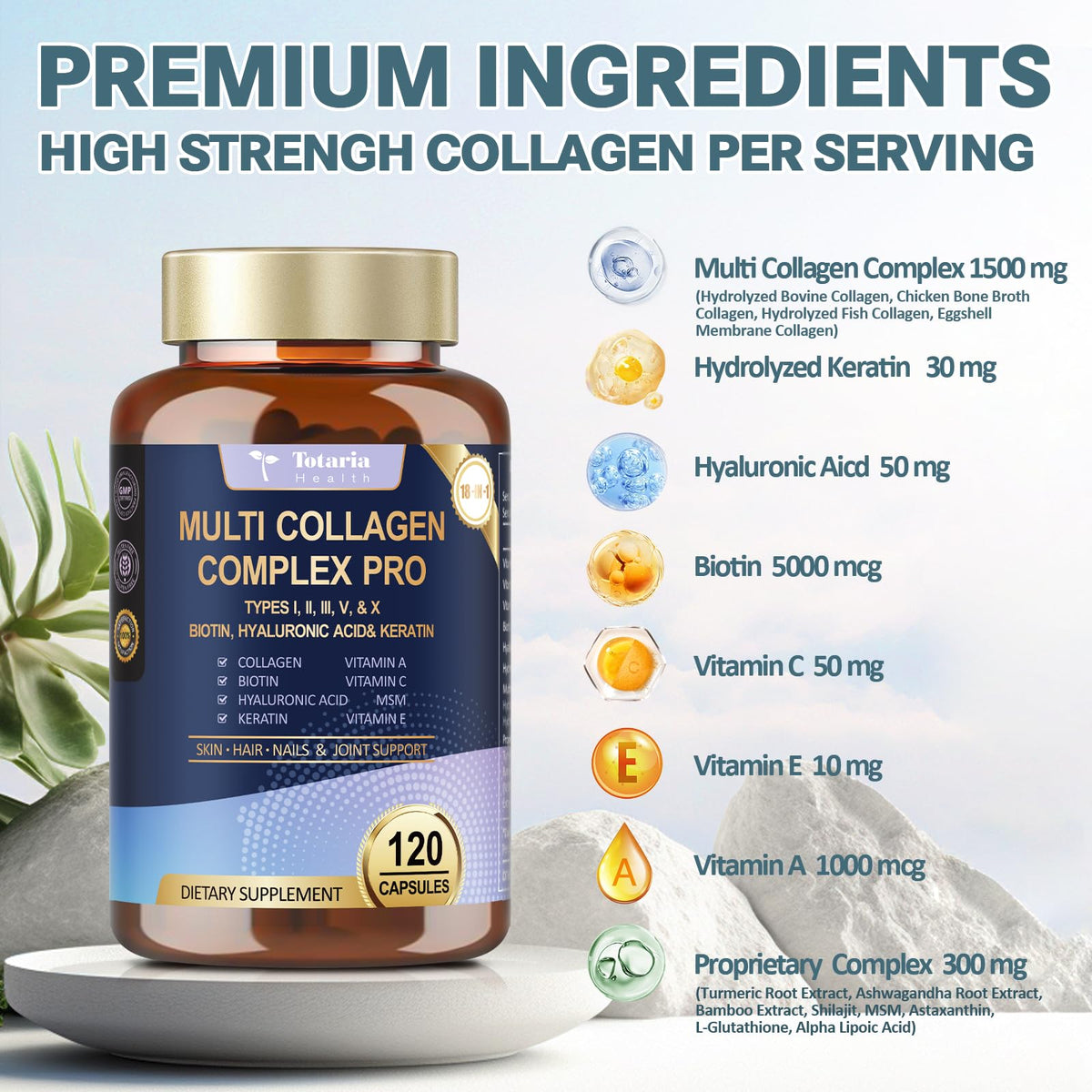18-in-1 Collagen Pro with Hyaluronic Acid, Keratin, Biotin, VIT A C & E for Skin, Hair, Nails, Joint & Beauty - Multi Collagen Peptides Capsules - Maple Wellness Supplements
