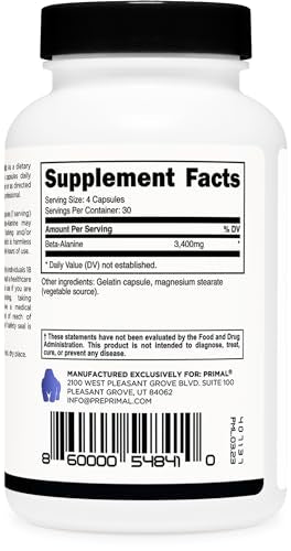 Primal Beta-Alanine Capsules 3400mg (30 Servings, 120 Capsules) - Supplement, Gluten-Free & Non-GMO, 850mg Per Cap