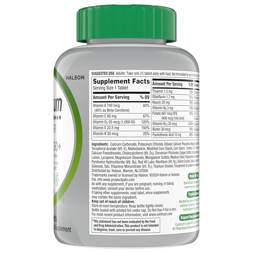 Buy supplements Centrum Silver Multivitamin for Adults 50 Plus, Multivitamin/Multimineral Supplement, Vitamin D3, B Vitamins, Gluten Free, Non-GMO Ingredients - Vitaza UK Supplements UK