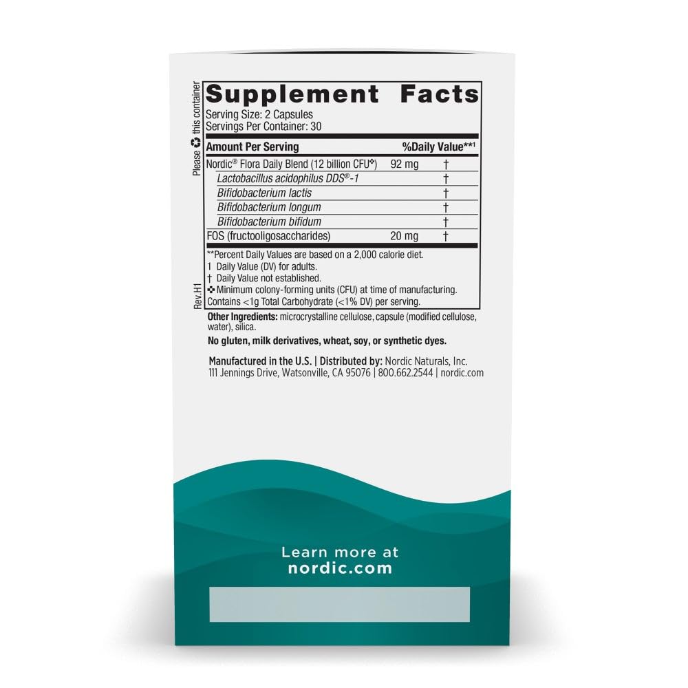 Buy supplements Nordic Naturals Nordic Flora Probiotic Daily - 60 Capsules - 4 Probiotic Strains with 12 Billion Cultures - Optimal Wellness, Immune Support, Digestive Health - Non-GMO, Vegan - 30 Servings - Vitaza UK Supplements UK