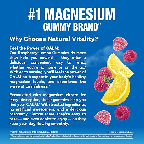 Buy supplements Natural Vitality Calm Magnesium Gummies | 330mg Per Serving | Raspberry Lemon Flavored Supplement | Gluten-Free & Vegan | 240 Count - Vitaza UK Supplements UK