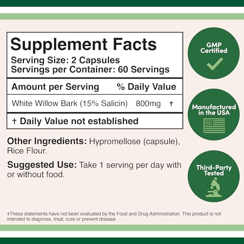 White Willow Bark Capsules 800mg per Serving, 120 Count (Willow Bark Extract Std. Double Wood SupplementsBuy Supplements Australia