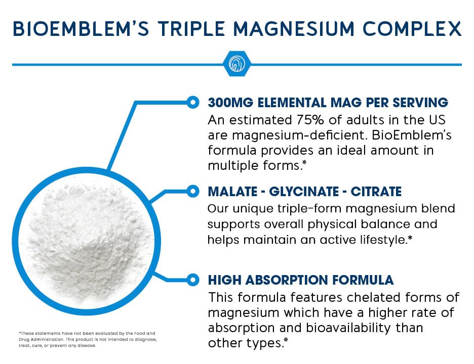 Buy supplements BioEmblem Triple Magnesium Complex | 300mg Magnesium Glycinate, Malate & Citrate | High Absorption Chelated Formula - Vitaza UK Supplements UK