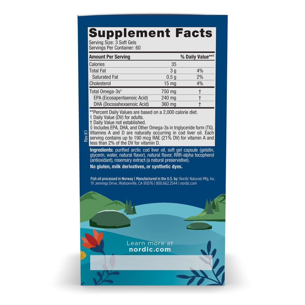 Buy supplements Nordic Naturals Arctic Cod Liver Oil, Lemon - 180 Soft Gels - 750 mg Total Omega-3s with EPA & DHA - Heart & Brain Health, Healthy Immunity - Vitaza UK Supplements UK