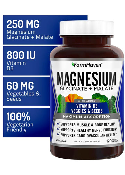 Buy supplements FarmHaven Magnesium Complex –Magnesium Glycinate & Malate w/Vitamin D3, 100% Chelated for Max Absorption, Vegetarian – Bone Health - Vitaza UK Supplements UK