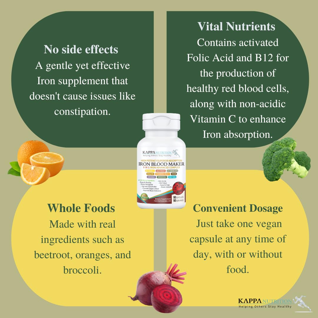 Buy supplements KAPPA NUTRITION Iron 26mg, Vitamin C & Orange 150mg, Folate 667mcg DFE, Vitamin B12, Beetroot, Brewers Yeast, Broccoli & MCT Oil - Vitaza UK Supplements UK