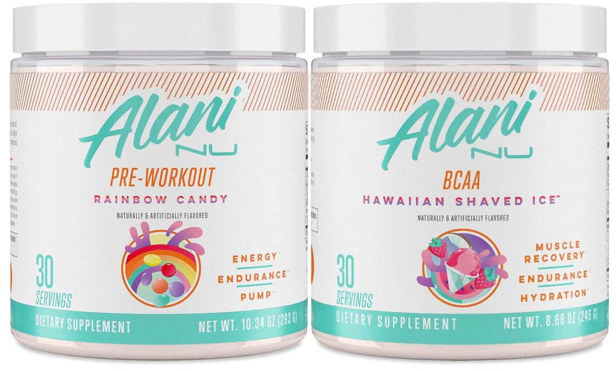Alani Nu Rainbow Candy Pre Workout and BCAA Hawaiian Shaved Ice Post Workout Powder