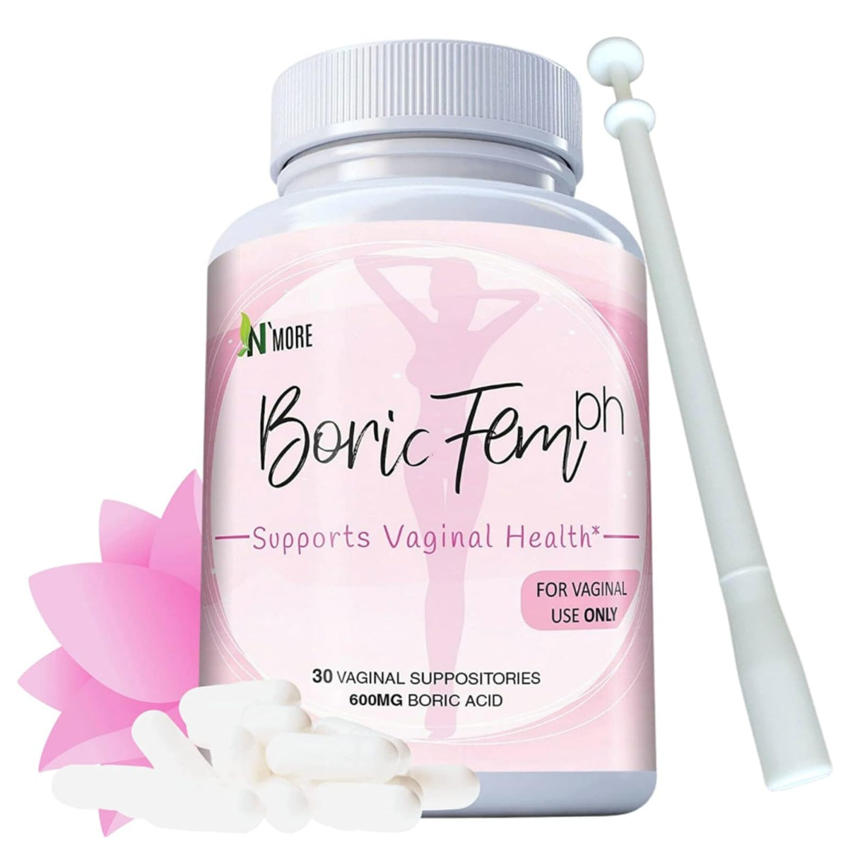 N'More Boric Acid Vaginal Suppositories - 30 Count, 600mg - 100% Pure Made in USA