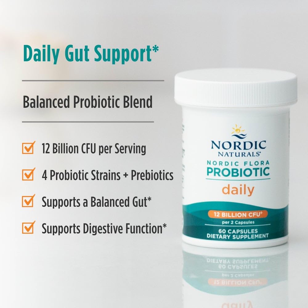 Buy supplements Nordic Naturals Nordic Flora Probiotic Daily - 60 Capsules - 4 Probiotic Strains with 12 Billion Cultures - Optimal Wellness, Immune Support, Digestive Health - Non-GMO, Vegan - 30 Servings - Vitaza UK Supplements UK