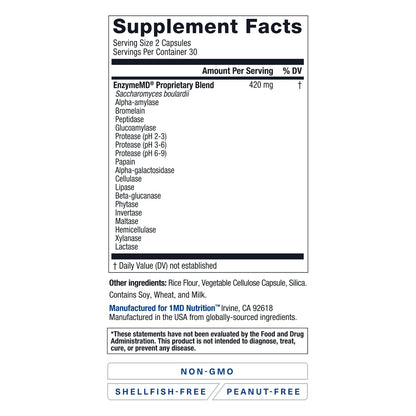Buy supplements 1MD Nutrition EnzymeMD - Digestive Enzymes Supplement - Doctor Formulated | 18 Plant-Based Enzymes - Gas & Bloating Support | 60 Capsules - Vitaza UK Supplements UK