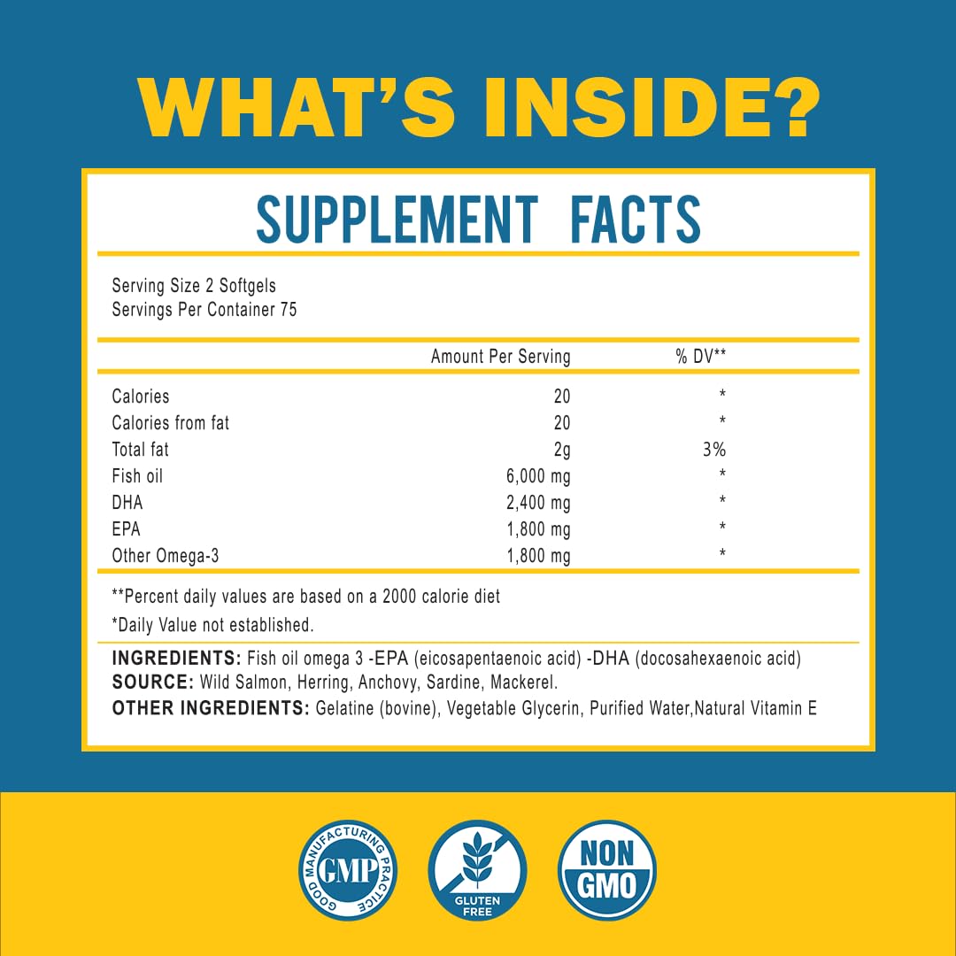 Buy supplements Omega 3 Fish Oil with Maximum EPA DHA - Supports Brain, Liver, Heart & Immunity - Made in The USA - 150 Softgels - Vitaza UK Supplements UK