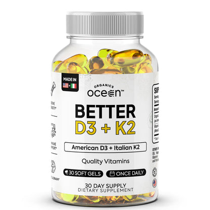 Buy supplements Organics Ocean Better D3 + K2-100% Organic VIT D3 and K2 Supplements with Maximum Bioavailability - Supports Bone Density, Calcium Balance - Vitaza UK Supplements UK