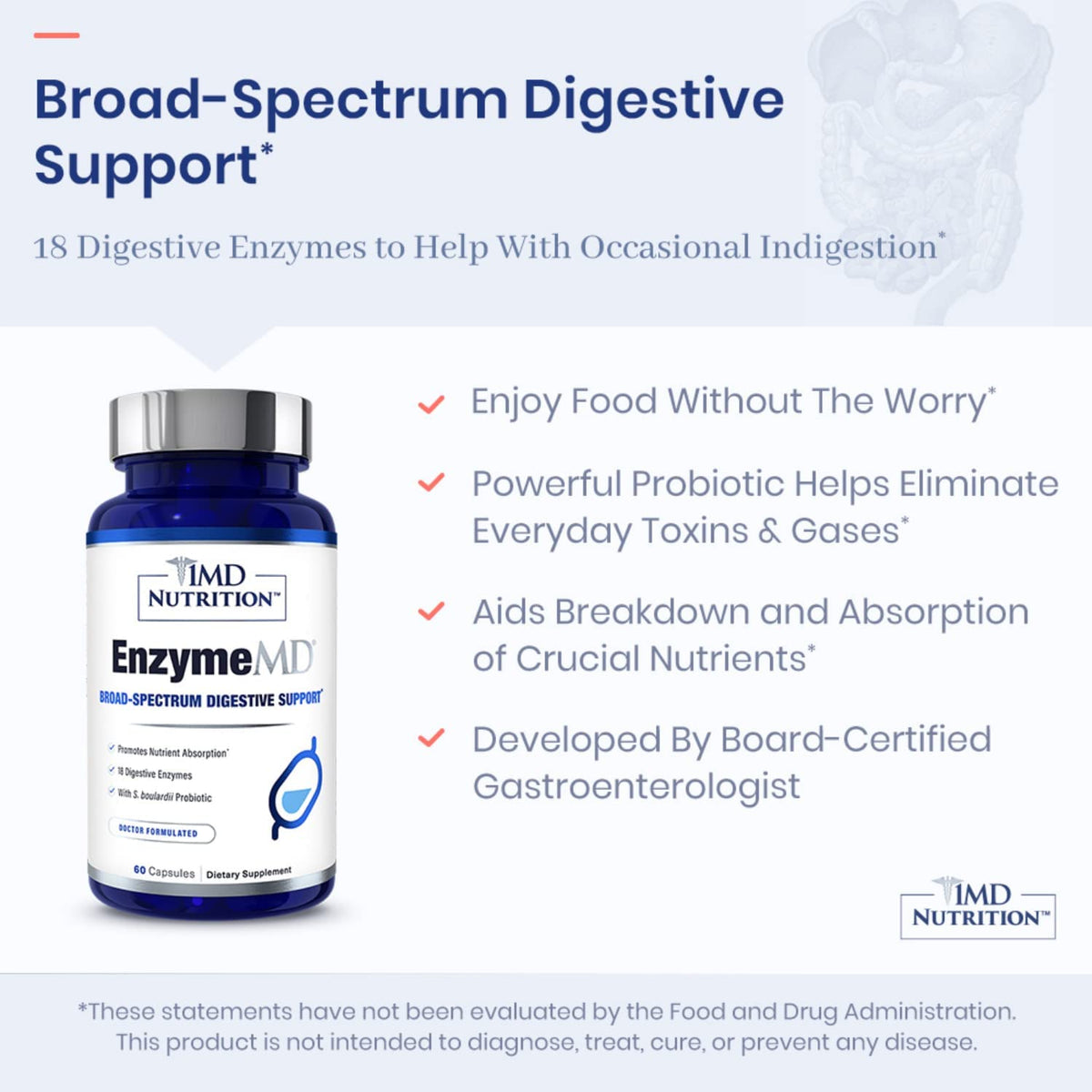 Buy supplements 1MD Nutrition EnzymeMD - Digestive Enzymes Supplement - Doctor Formulated | 18 Plant-Based Enzymes - Gas & Bloating Support | 60 Capsules - Vitaza UK Supplements UK