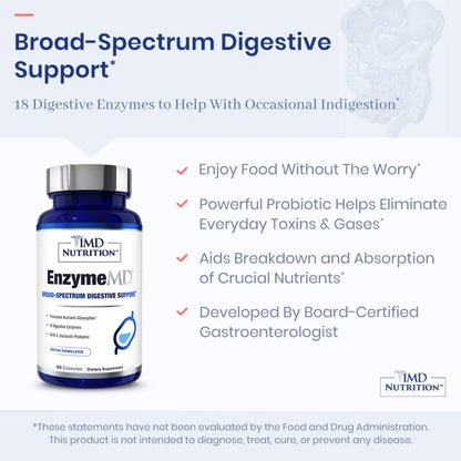 Buy supplements 1MD Nutrition EnzymeMD - Digestive Enzymes Supplement - Doctor Formulated | 18 Plant-Based Enzymes - Gas & Bloating Support | 60 Capsules - Vitaza UK Supplements UK