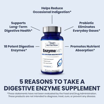 Buy supplements 1MD Nutrition EnzymeMD - Digestive Enzymes Supplement - Doctor Formulated | 18 Plant-Based Enzymes - Gas & Bloating Support | 60 Capsules - Vitaza UK Supplements UK