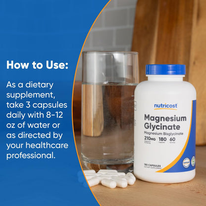 Buy supplements Nutricost Magnesium Glycinate Capsules (180 Capsules, 210 mg Per Serving) - Magnesium Glycinate Supplement for Gentle Absorption - Vitaza UK Supplements UK