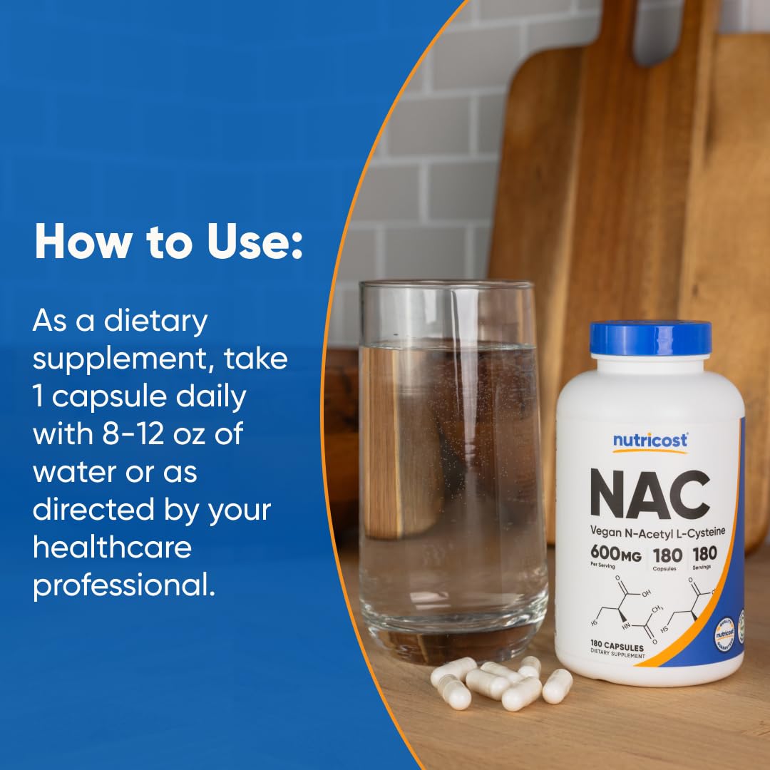 Buy supplements Nutricost N-Acetyl L-Cysteine (NAC) 600mg, 180 Capsules - Non-GMO, Gluten Free - Vitaza UK Supplements UK