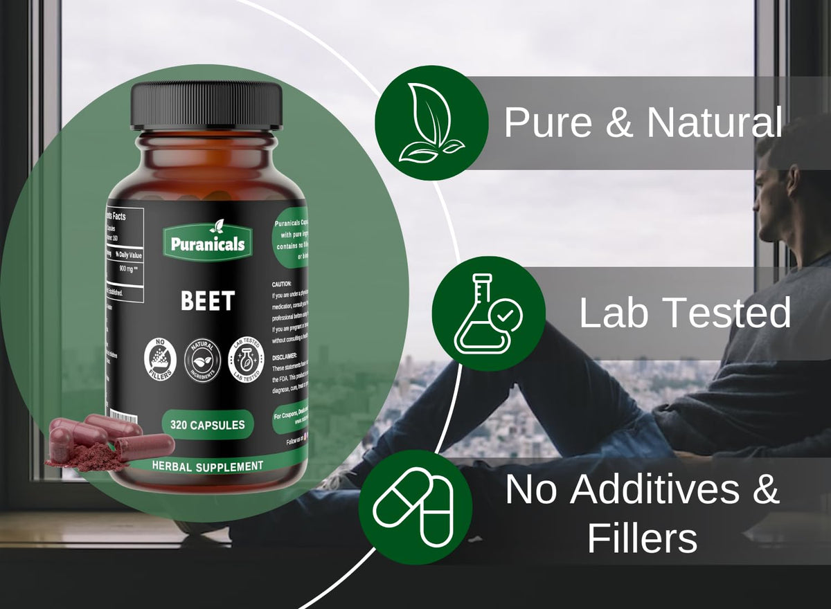 Puranicals Beet Premium 320 Capsules Nitric Oxide Booster | Herbal Supplement | 900 mg Per Serving | Made with 100% Pure Beetroot Powder (Beta Vulgaris)