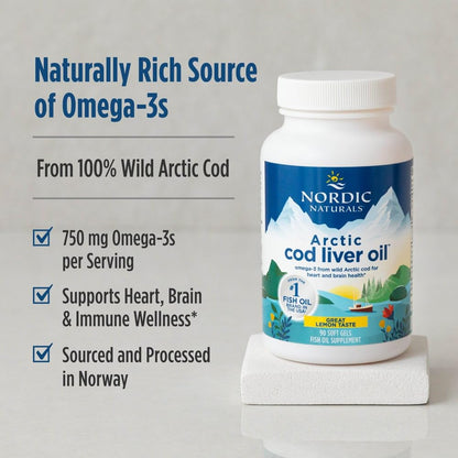 Buy supplements Nordic Naturals Arctic Cod Liver Oil, Lemon - 180 Soft Gels - 750 mg Total Omega-3s with EPA & DHA - Heart & Brain Health, Healthy Immunity - Vitaza UK Supplements UK
