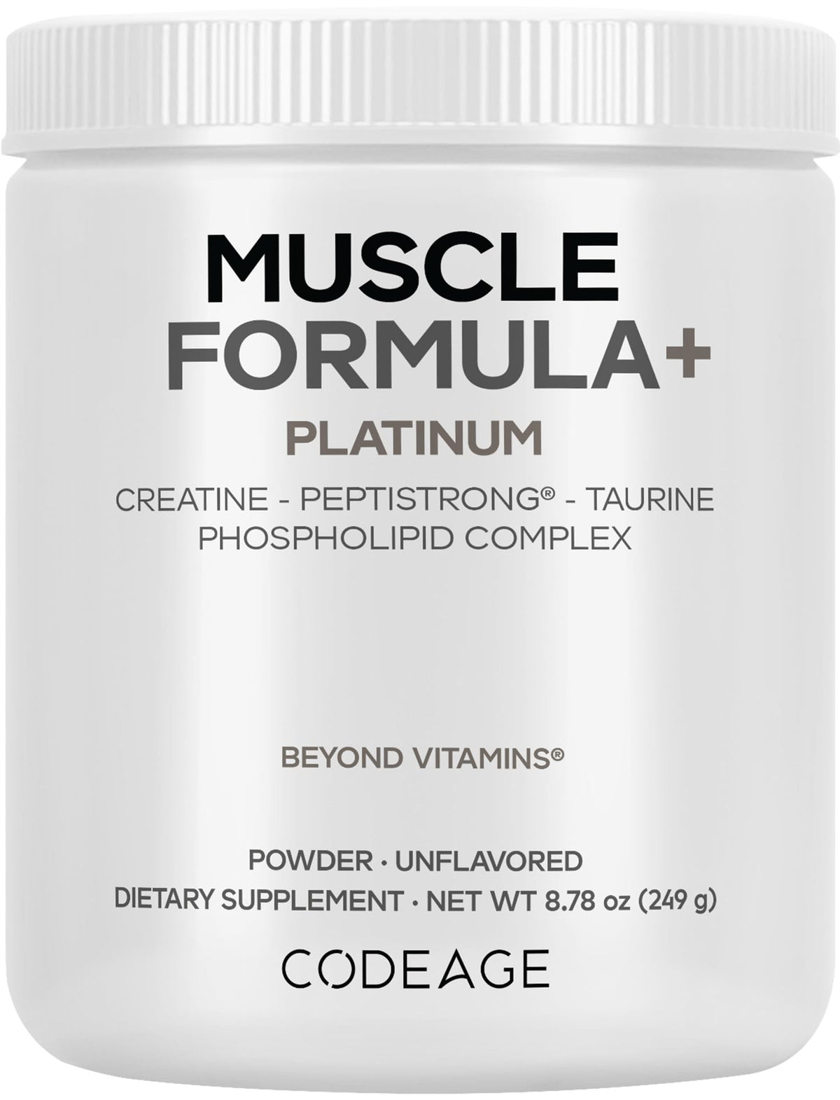 Codeage Muscle Formula+ Platinum Supplement - Creatine Monohydrate, PeptiStrong Fava Bean Protein Hydrolysate, Taurine, Vitamin D3, Liposomal Delivery - Non-GMO - Unflavored Protein Powder - 8.78 Oz CodeageBuy Supplements Australia