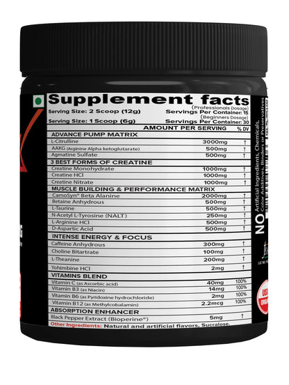 NutriJa Weapon-X Pre-Workout Powder with 21 Active Ingredients - 3 Best Forms of Creatine, AAKG, Beta-Alanine, Caffeinated | Pumps, Viens Popping, Energy, Focus & Strength (60 Servings (Mango))