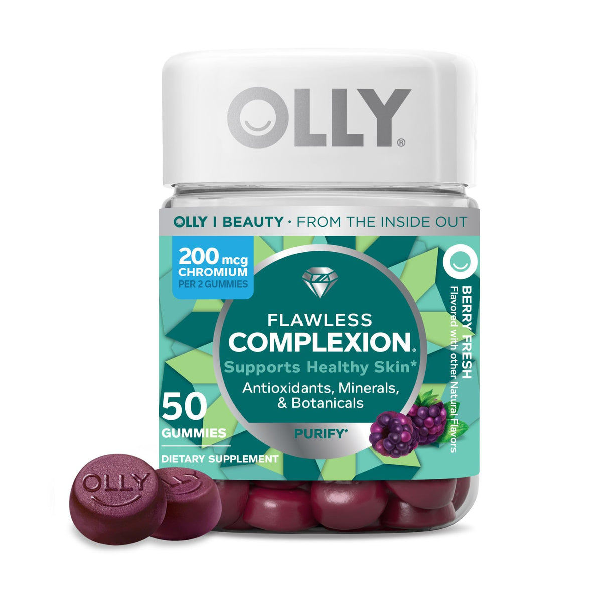 Buy supplements OLLY Flawless Complexion Gummy, Clear and Healthy Skin Support, Vitamins E, A, Zinc, Chewable Supplement, Berry - 50 Count (Pack of 1) - Vitaza UK Supplements UK