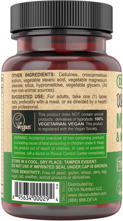 Buy supplements DEVA Vegan Multivitamin for Women & Men with Iron, Vitamin C, E, B Complex Vitamins, Zinc, 90 Tiny Tablets - Vitaza UK Supplements UK
