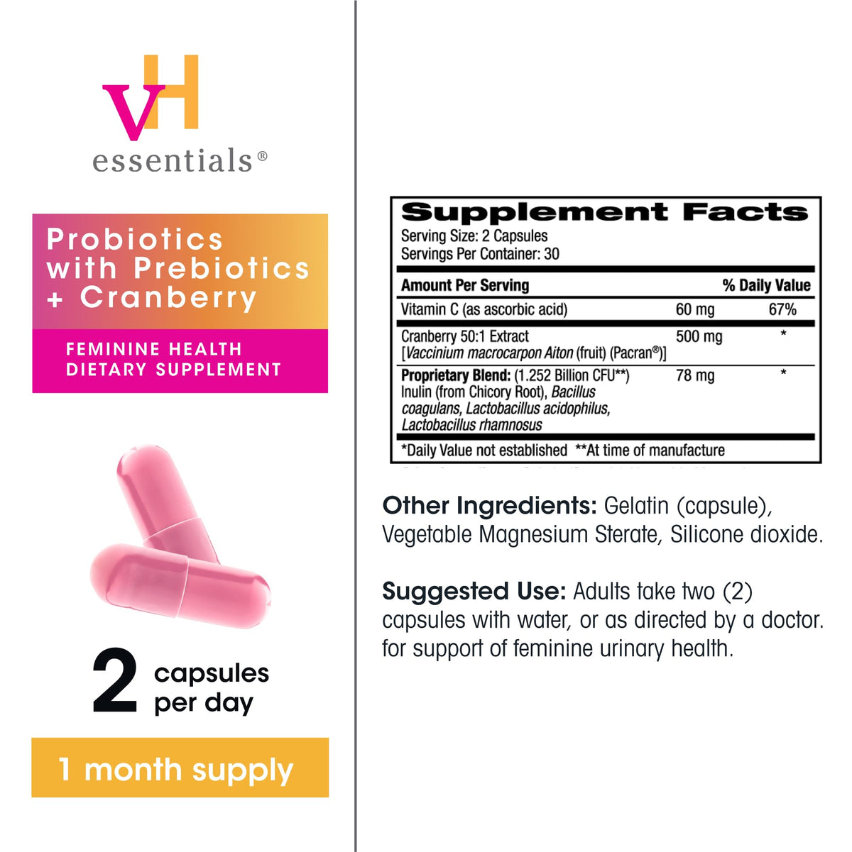 Buy supplements vH essentials Probiotics with Prebiotics and Cranberry Feminine Health Supplement - 60 Capsules - Vitaza UK Supplements UK