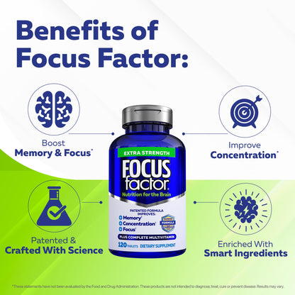 Buy supplements Focus Factor Adults Extra Strength, 120 Count - Brain Supplement for Memory, Concentration and Focus - Complete Multivitamin with DMAE - Vitaza UK Supplements UK