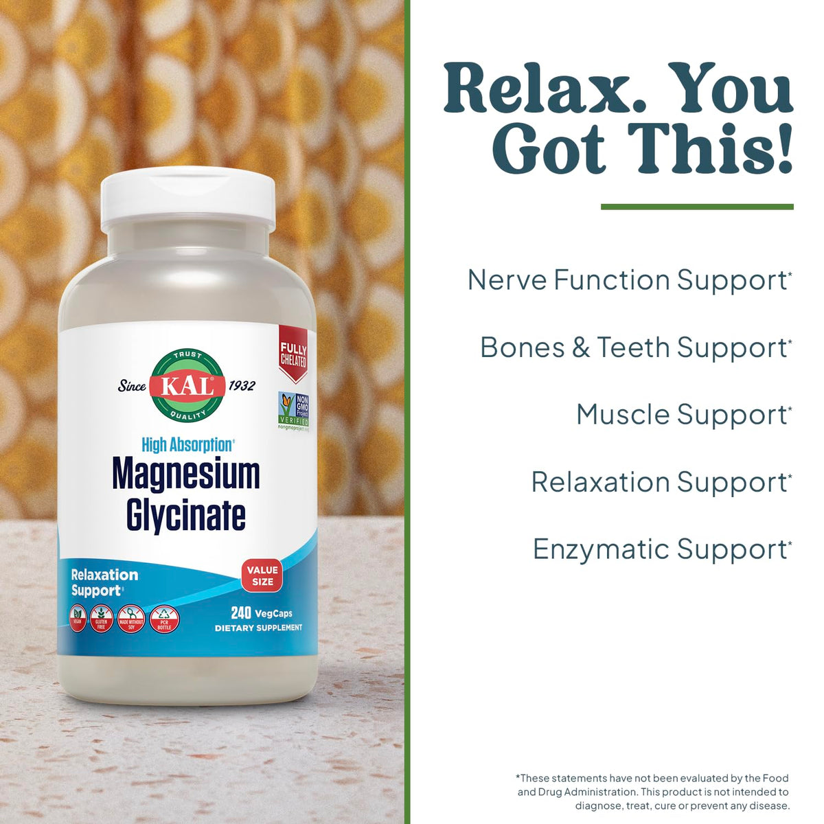 Buy supplements KAL Magnesium Glycinate, New & Improved Fully Chelated High Absorption Formula with BioPerine, Bisglycinate Chelate for Stress, Relaxation - Vitaza UK Supplements UK