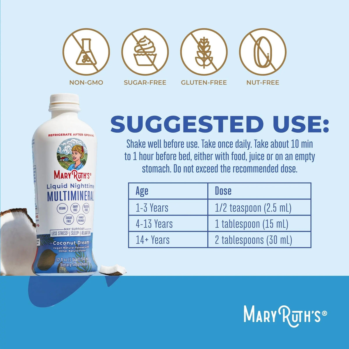MaryRuth's Multivitamin Gummies for Women (Cherry & Raspberry) & Liquid Nighttime Multimineral Coconut (32oz) | Clean Label Project Verified MARYRUTH'S