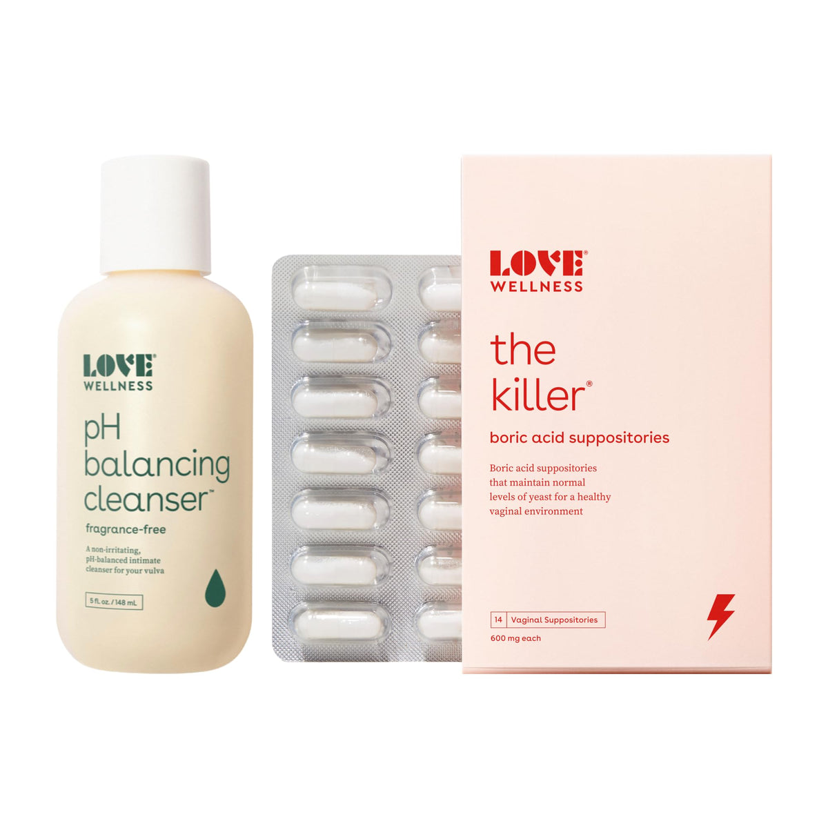 Love Wellness pH Balancing Cleanser & The Killer | Boric Acid Suppositories & Feminine Wash