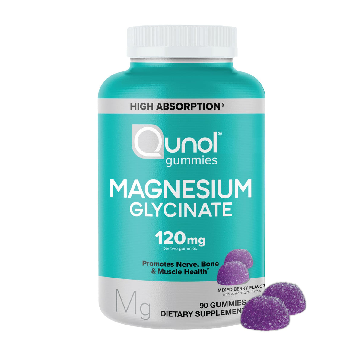 Buy supplements Qunol Magnesium Glycinate Gummies, 120mg of Magnesium Glycinate, High Absorption, Mixed Berry, 90 Count (Pack of 1) - Vitaza UK Supplements UK
