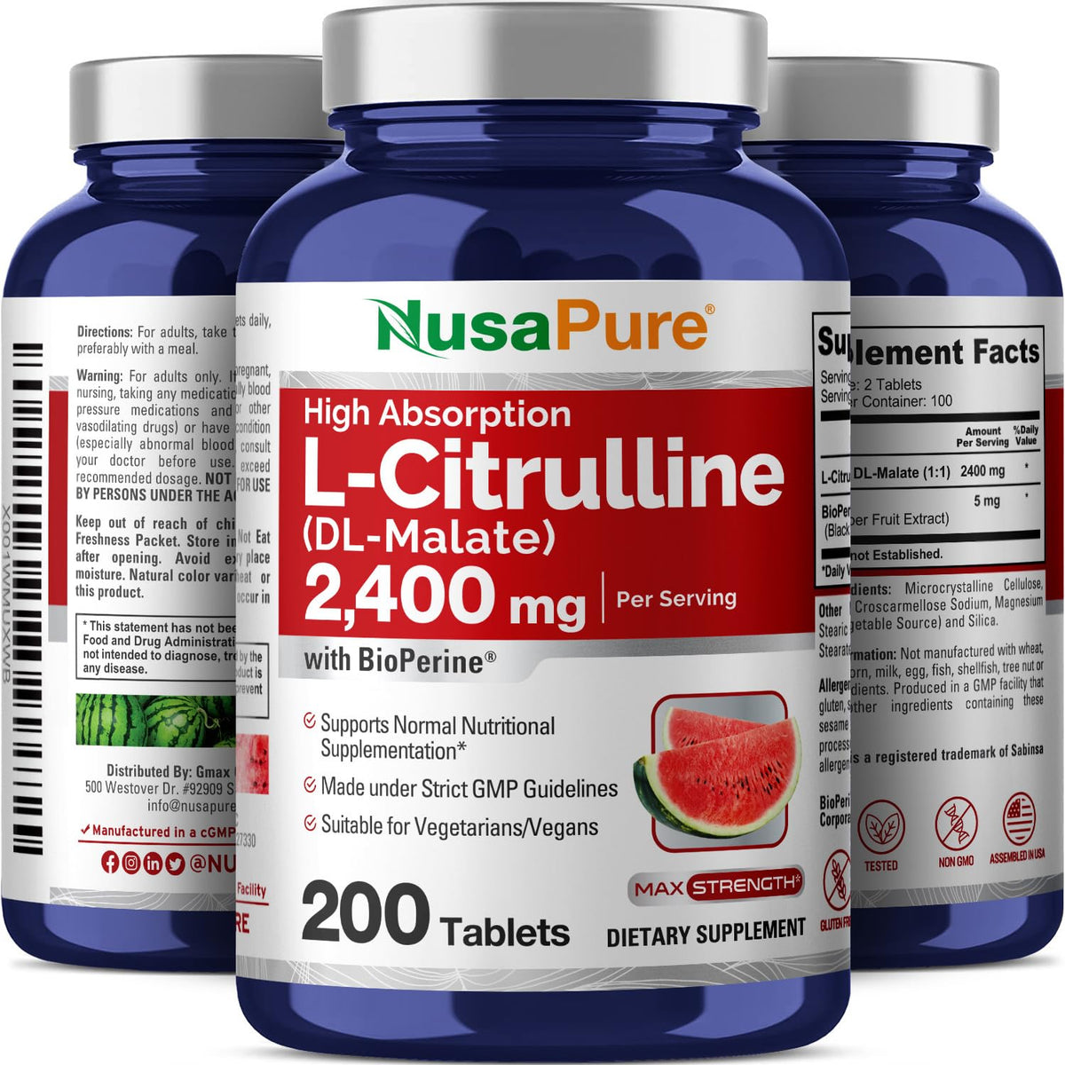 NusaPure L-Citrulline 2,400mg 200 Vegetarian Tablets (Non-GMO, Gluten Free, 100-Day Supply, Bioperine)