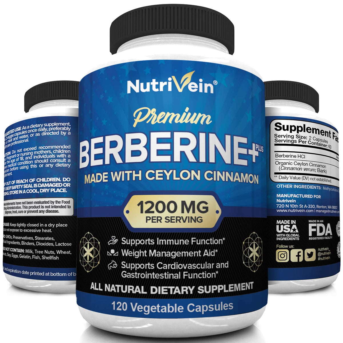 Nutrivein Premium Berberine HCL 1200mg Plus Organic Ceylon Cinnamon - 120 Capsules NutriveinBuy Supplements Australia