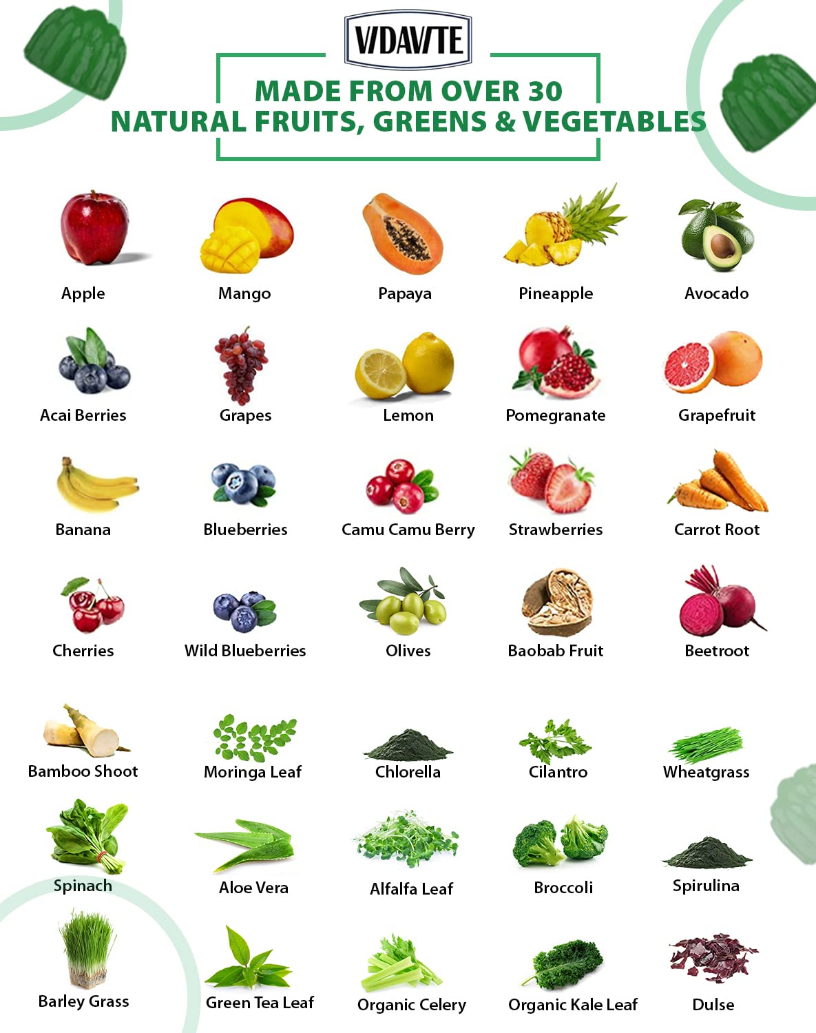 Buy supplements VIDAVITE Sugar-free Super Greens Gummies — US-Made, 35+ Fruit and Veggie gummies to Boost Immunity, Skin & Gut Health — Ideal Fruits and Vegetables Supplement - Vitaza UK Supplements UK