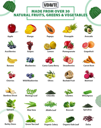 Buy supplements VIDAVITE Sugar-free Super Greens Gummies — US-Made, 35+ Fruit and Veggie gummies to Boost Immunity, Skin & Gut Health — Ideal Fruits and Vegetables Supplement - Vitaza UK Supplements UK