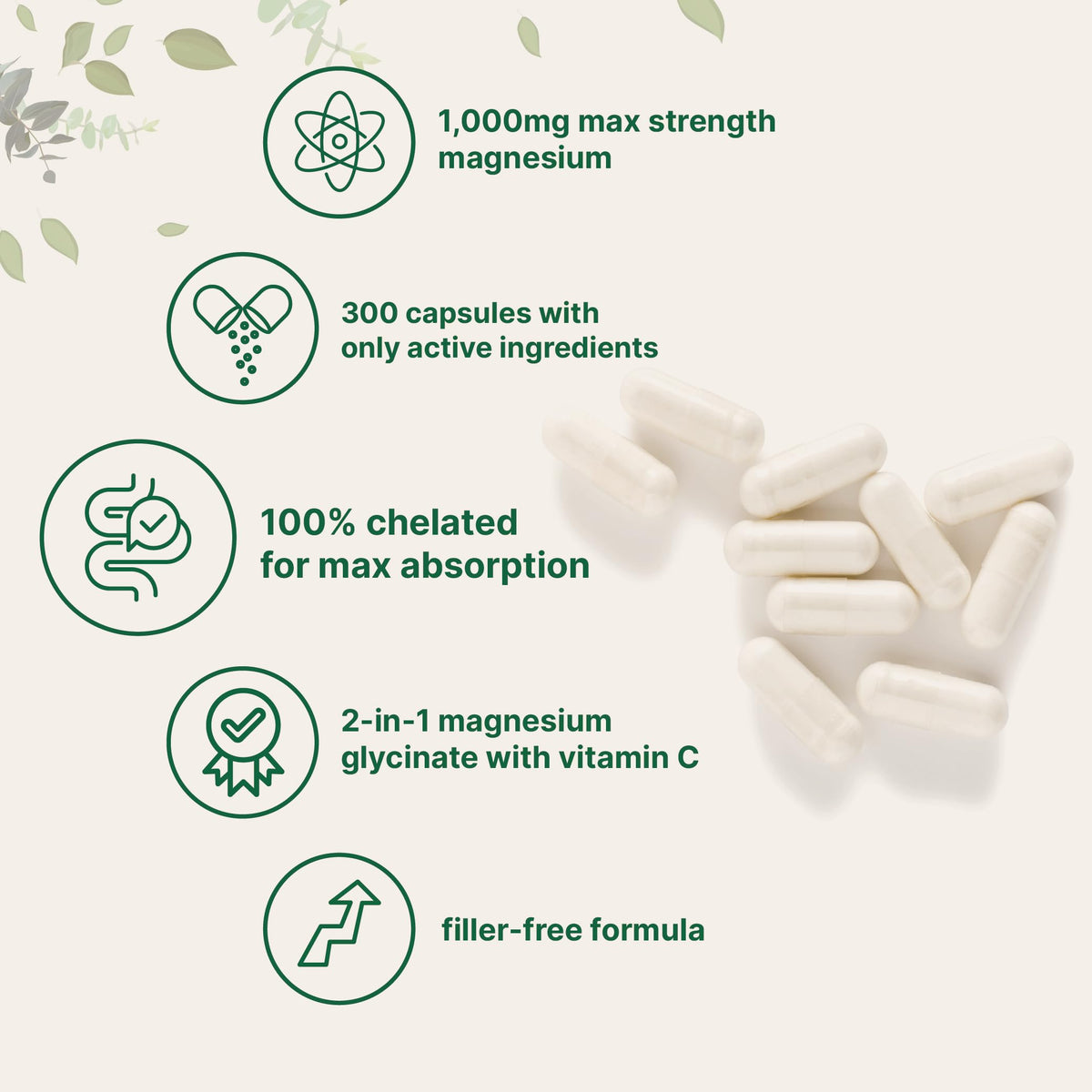 Buy supplements Pure Magnesium Glycinate 1,000mg, 300 Capsules | 100% Chelated for Max Absorption | Enhanced with Vitamin C | Only Uses Active Ingredients - Vitaza UK Supplements UK