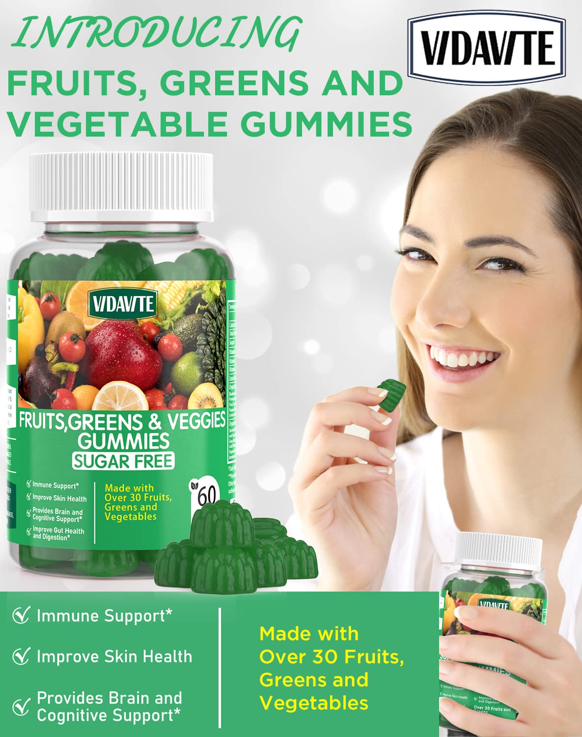 Buy supplements VIDAVITE Sugar-free Super Greens Gummies — US-Made, 35+ Fruit and Veggie gummies to Boost Immunity, Skin & Gut Health — Ideal Fruits and Vegetables Supplement - Vitaza UK Supplements UK