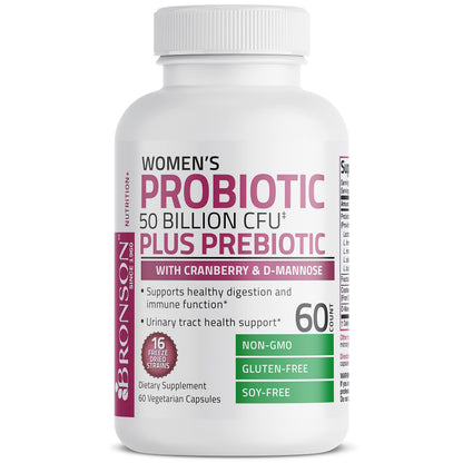 Buy supplements Bronson Women's Probiotic 50 Billion CFU + Prebiotic with Cranberry & D-Mannose – Vaginal Health, Healthy Digestion, Immune Function and Urinary Tract Support, Non-GMO, 60 Vegetarian Capsules - Vitaza UK Supplements UK