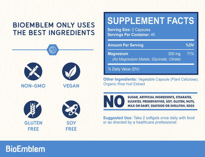 Buy supplements BioEmblem Triple Magnesium Complex | 300mg Magnesium Glycinate, Malate & Citrate | High Absorption Chelated Formula - Vitaza UK Supplements UK