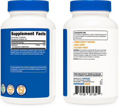 Buy supplements Nutricost Magnesium Glycinate Capsules (180 Capsules, 210 mg Per Serving) - Magnesium Glycinate Supplement for Gentle Absorption - Vitaza UK Supplements UK