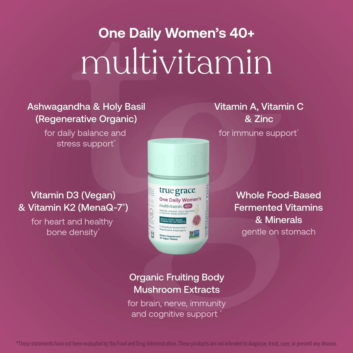 True Grace One Daily Women’s Multivitamin 40+ Fermented Minerals, Organic Adaptogens & Mushrooms Energy, Immune, Bone Support True Grace